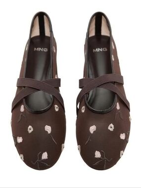 Mango Brown Floral Embroidered Mesh Ballet Flats NWOT